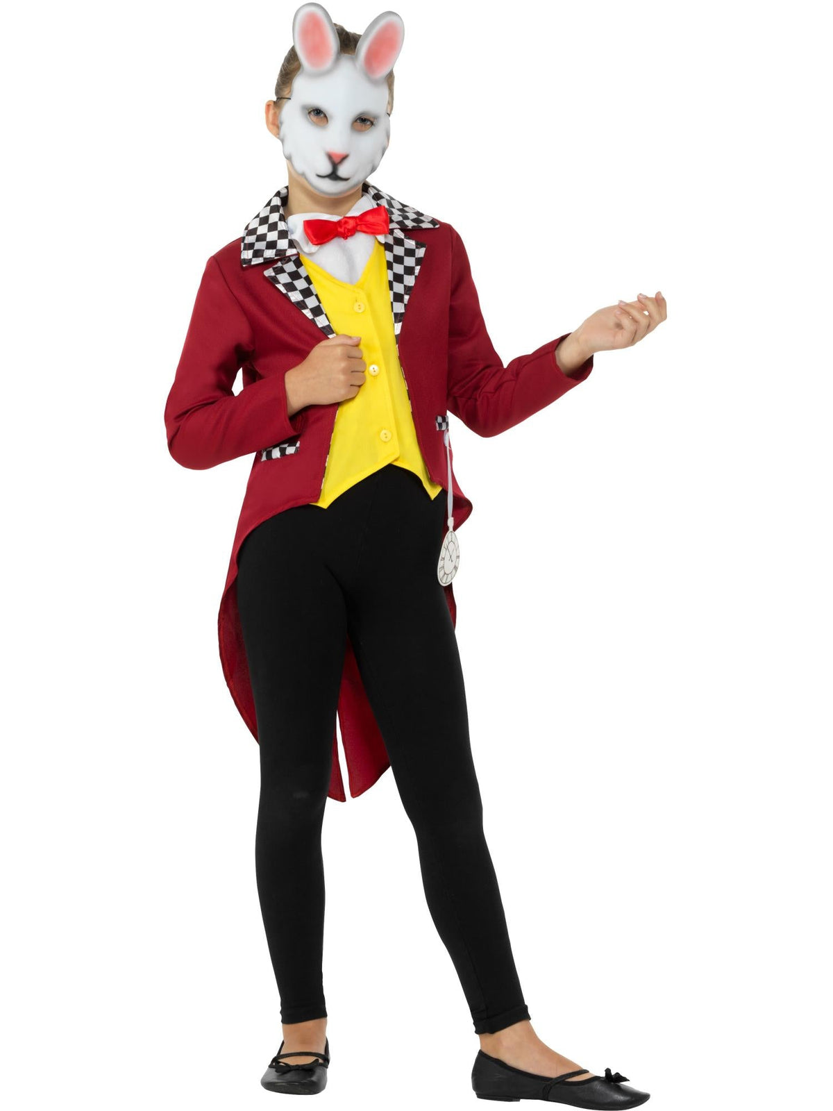 Child in the Mr White Rabbit red jacket with tails, attached yellow waistcoat and white rabbit mask