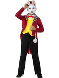 Boy in the Mr White Rabbit costume with a red tailcoat jacket, yellow waistcoat, cravat and rabbit half mask