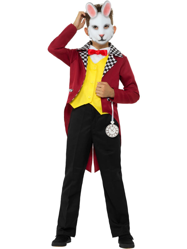 Boy in the Mr White Rabbit costume with a red tailcoat jacket, yellow waistcoat, cravat and rabbit half mask