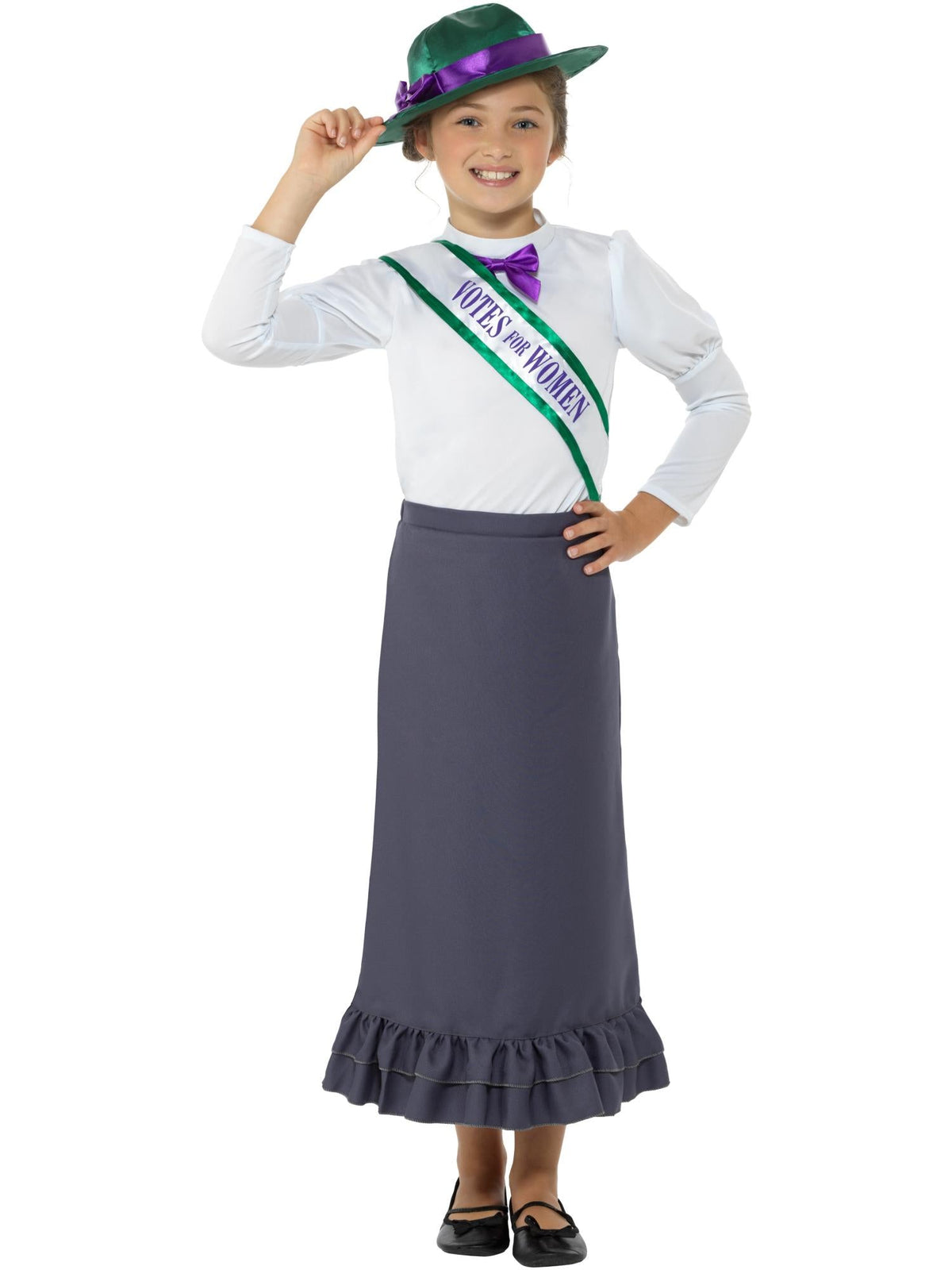 Girl posing in the Victorian suffragette outfit with purple-banded wide-brim hat and printed sash