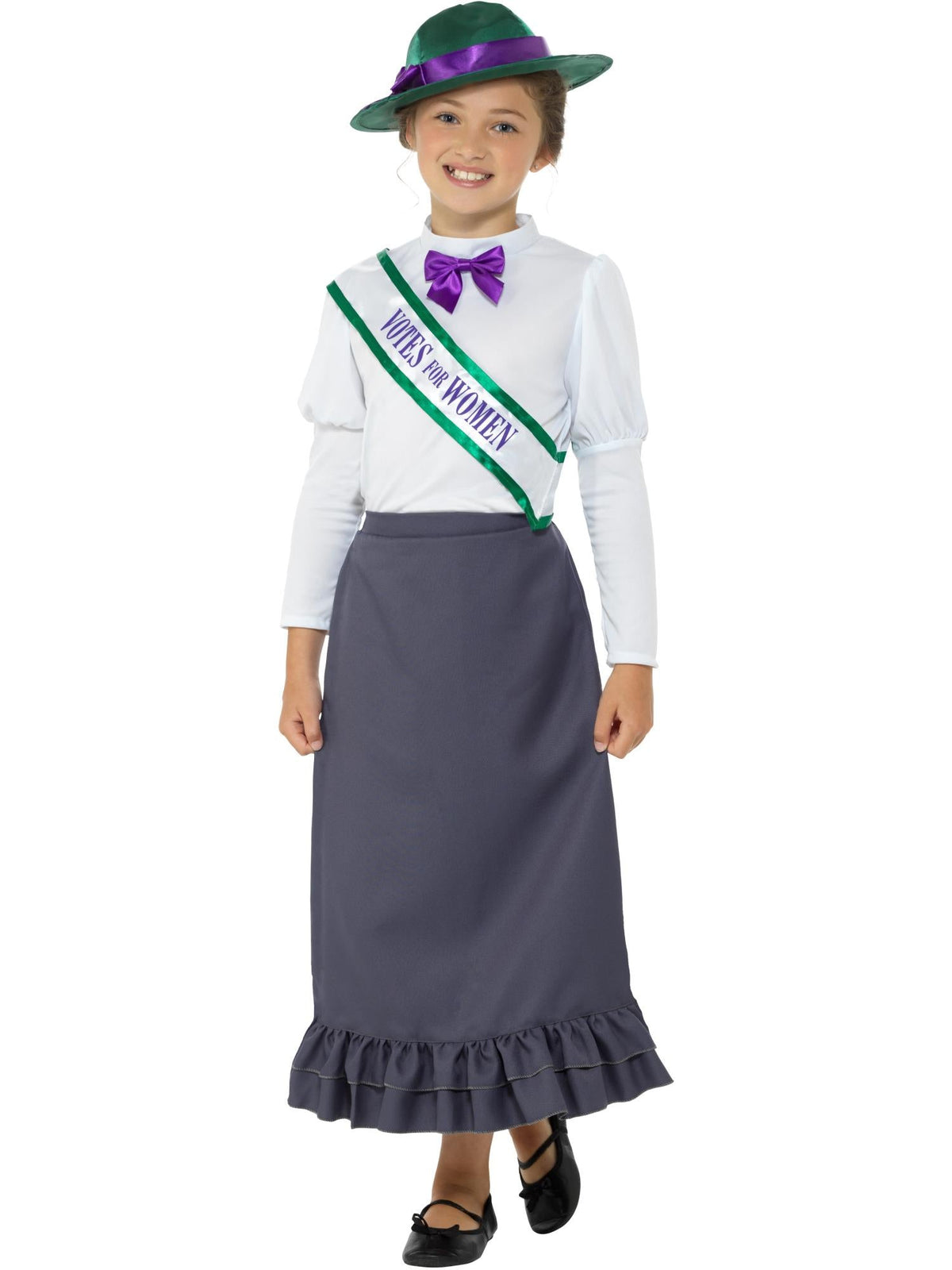 Girl wearing a Victorian suffragette costume with grey skirt, white blouse, bow tie, Votes For Women sash and hat