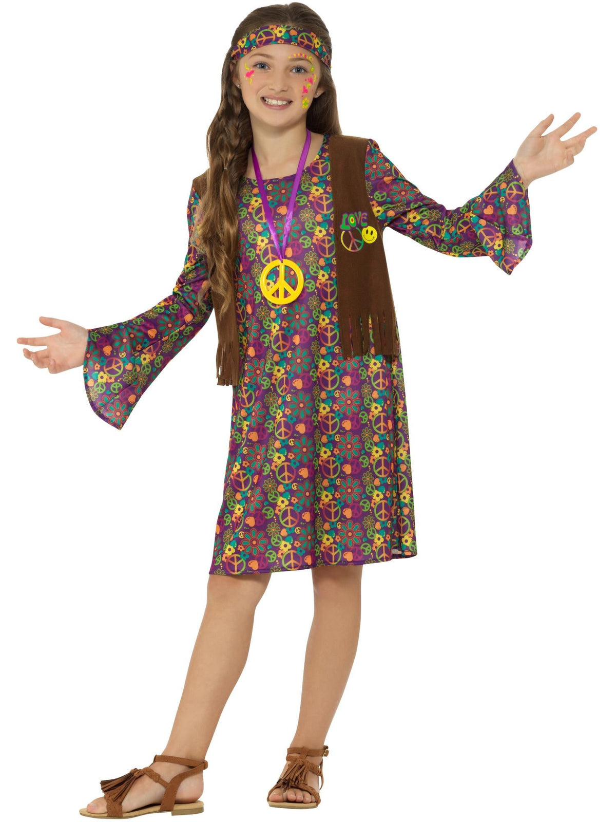 Girl in the colourful Hippie Girl dress and waistcoat with a peace sign medallion
