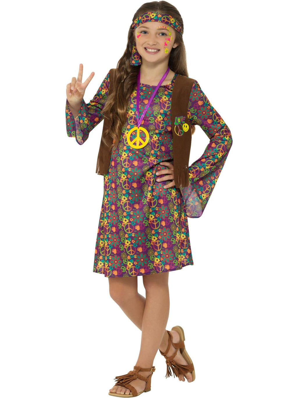 Girl in the Hippie dress with psychedelic print, bell sleeves, tasselled brown waistcoat and headband