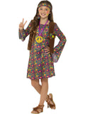 Girl in the Hippie dress with psychedelic print, bell sleeves, tasselled brown waistcoat and headband