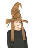 Woman wearing the brown Harry Potter Sorting Hat with pointed tip and wide brim