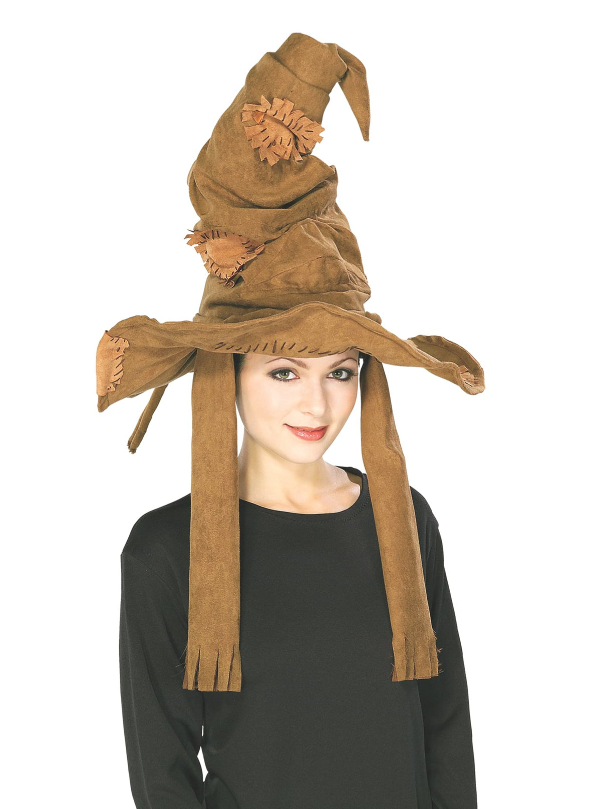 Woman wearing the brown Harry Potter Sorting Hat with pointed tip and wide brim
