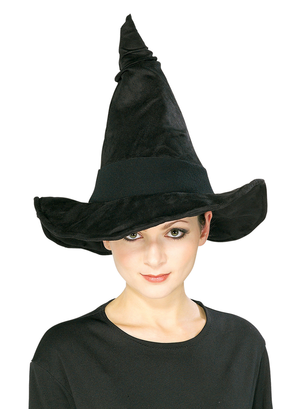 Woman wearing a tall black pointed Professor McGonagall hat