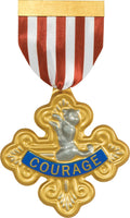 Gold Courage medal with red and white striped ribbon