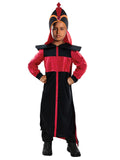 Boy in the Disney Aladdin Jafar Deluxe robe in black and red with a tall red turban headpiece