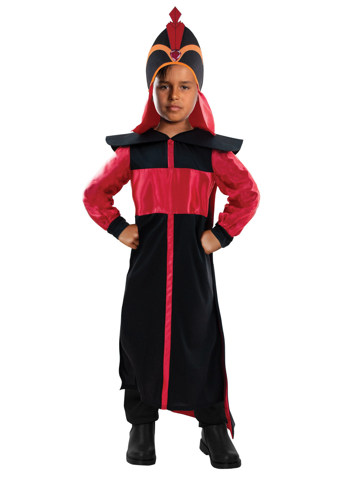 Boy in the Disney Aladdin Jafar Deluxe robe in black and red with a tall red turban headpiece