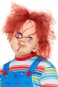 Chucky latex overhead mask with stitched scars and wild red hair