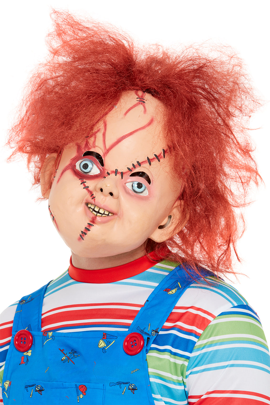 Chucky latex overhead mask with stitched scars and wild red hair