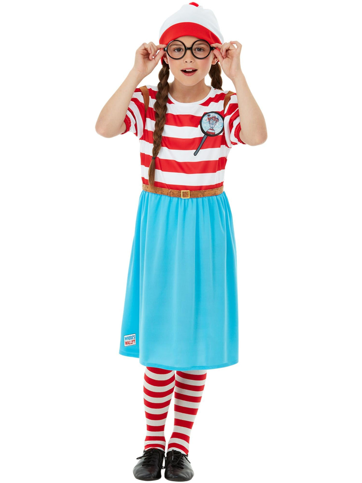 Girl in the Wenda Deluxe striped dress adjusting her round black glasses, with striped stockings
