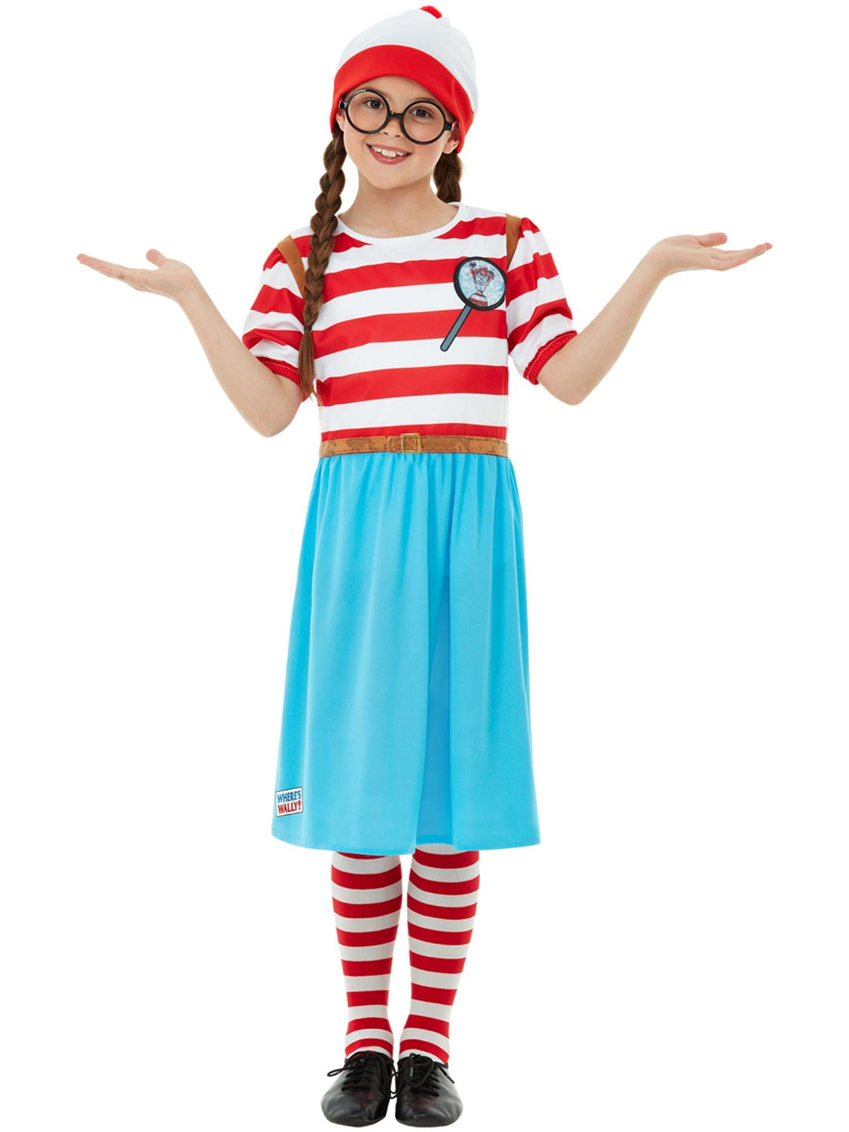 Girl wearing a deluxe Wenda dress with red and white striped bodice, blue skirt, printed binoculars, beanie and glasses