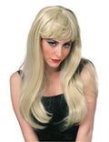 Woman wearing a long straight shiny blonde wig with flicked fringe