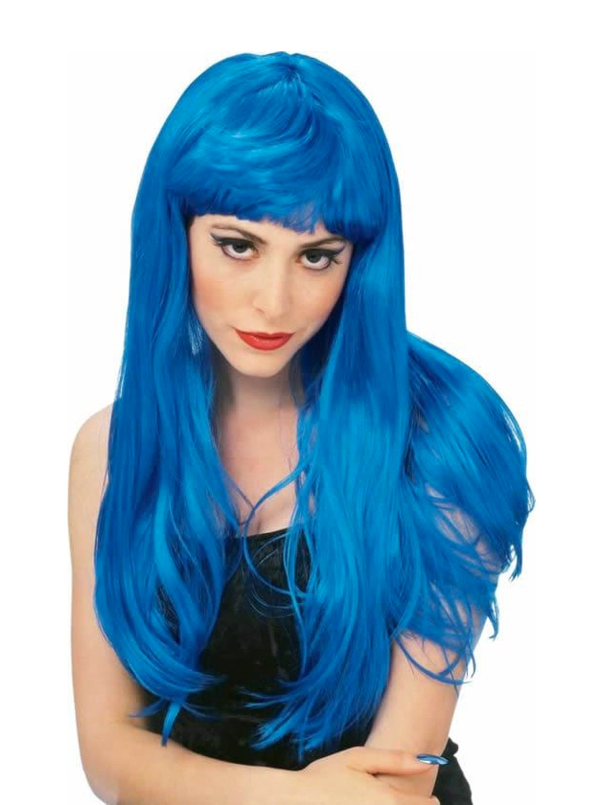Woman wearing a long straight shiny bright blue wig with front fringe