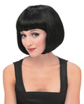 Woman wearing a short black bob wig with thick fringe
