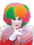 Clown wearing a thick curly neon afro wig in pink, orange and green