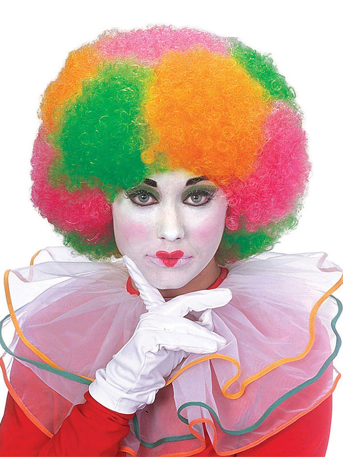 Clown wearing a thick curly neon afro wig in pink, orange and green