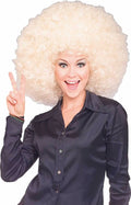 Woman wearing a huge curly white-blonde afro wig