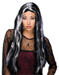 Woman wearing a long straight black wig with silvery-grey streaks