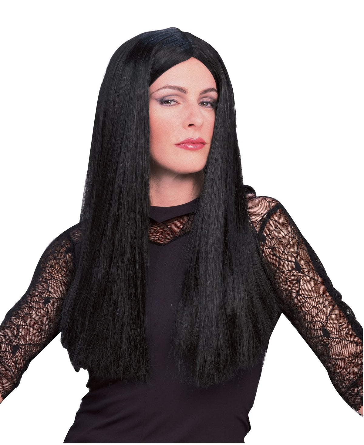Woman wearing a long straight black Morticia wig