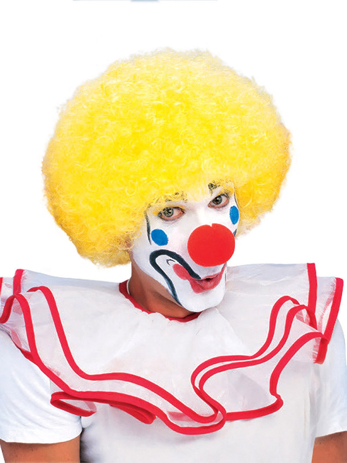 Clown wearing a big bright yellow curly afro wig