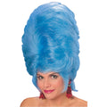 Woman wearing a tall electric blue beehive wig