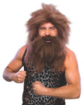 Man wearing a long shaggy brown caveman wig with a full matching beard