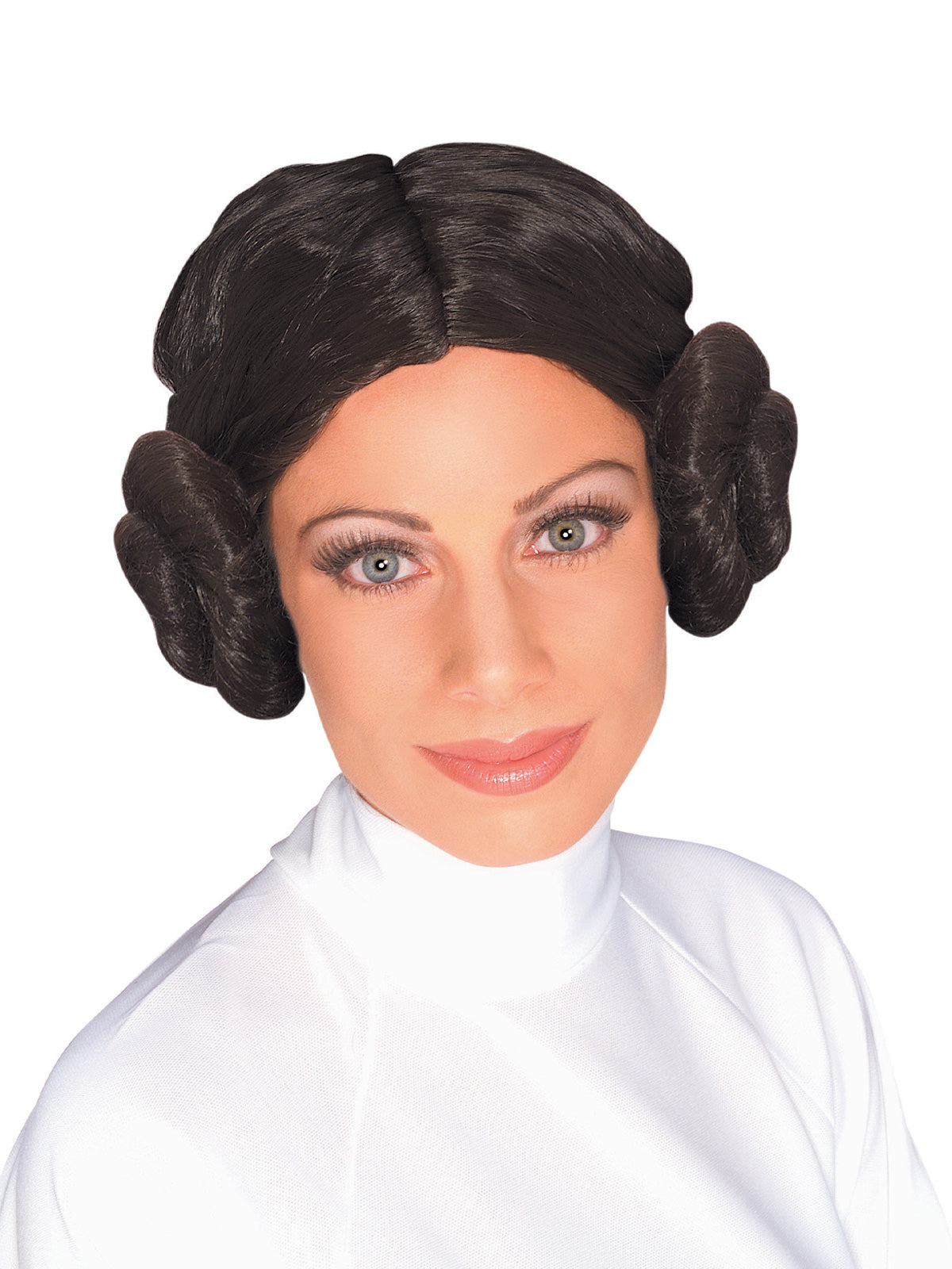 Woman wearing a dark brown Princess Leia wig with two large side buns