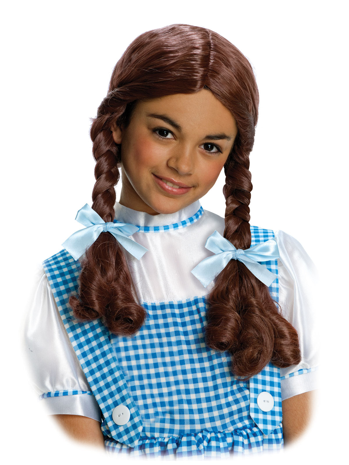 Girl wearing the brown plaited pigtail Dorothy wig with blue bows