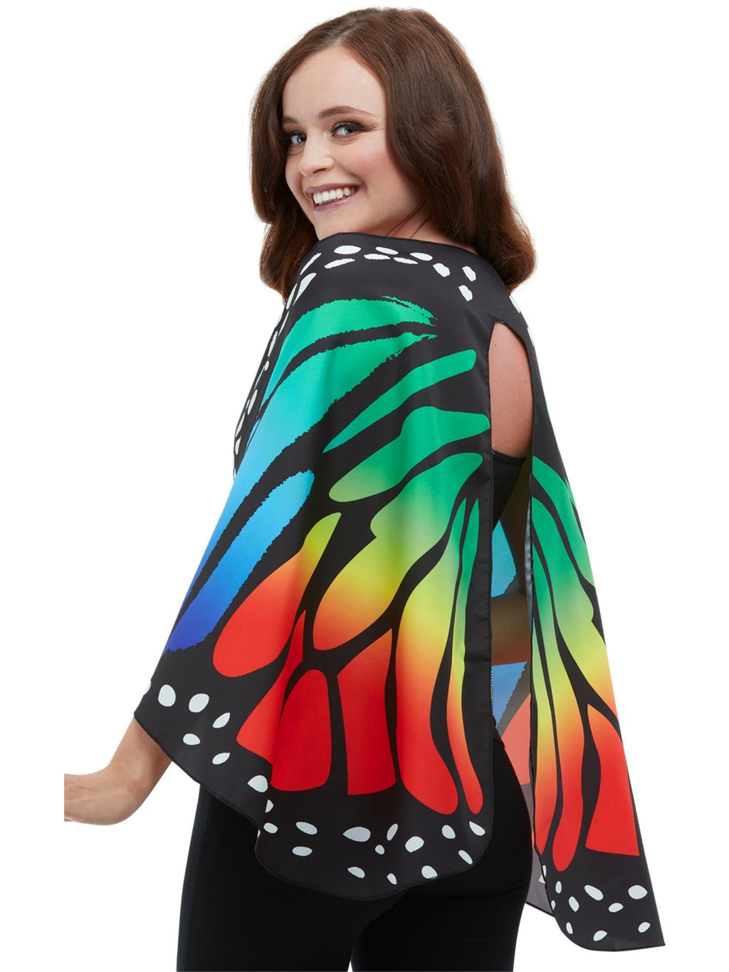 Woman wearing rainbow monarch butterfly fabric wings with black veining and white spots