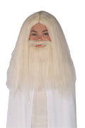 Child wearing a long straight pale Gandalf wig with matching beard and moustache