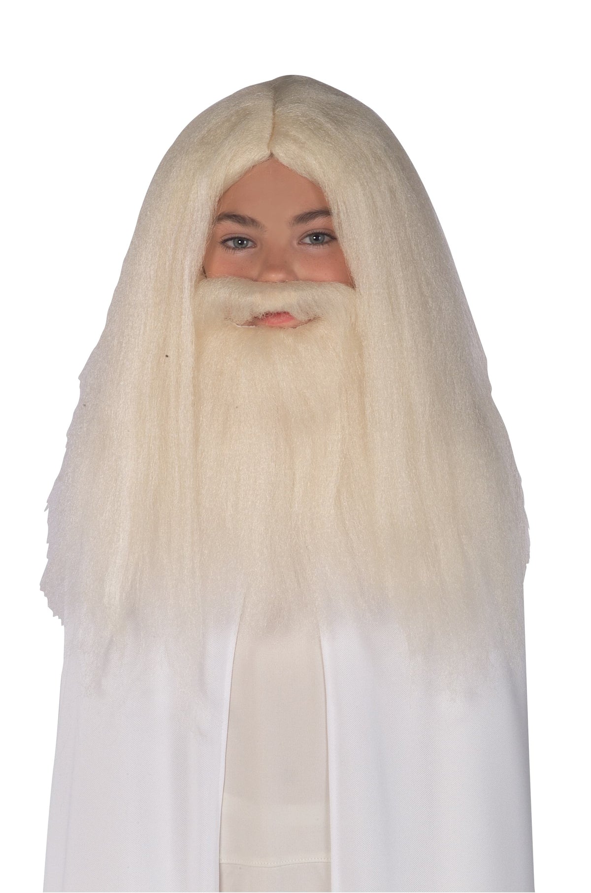 Child wearing a long straight pale Gandalf wig with matching beard and moustache