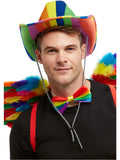 Man wearing a rainbow striped stetson cowboy hat