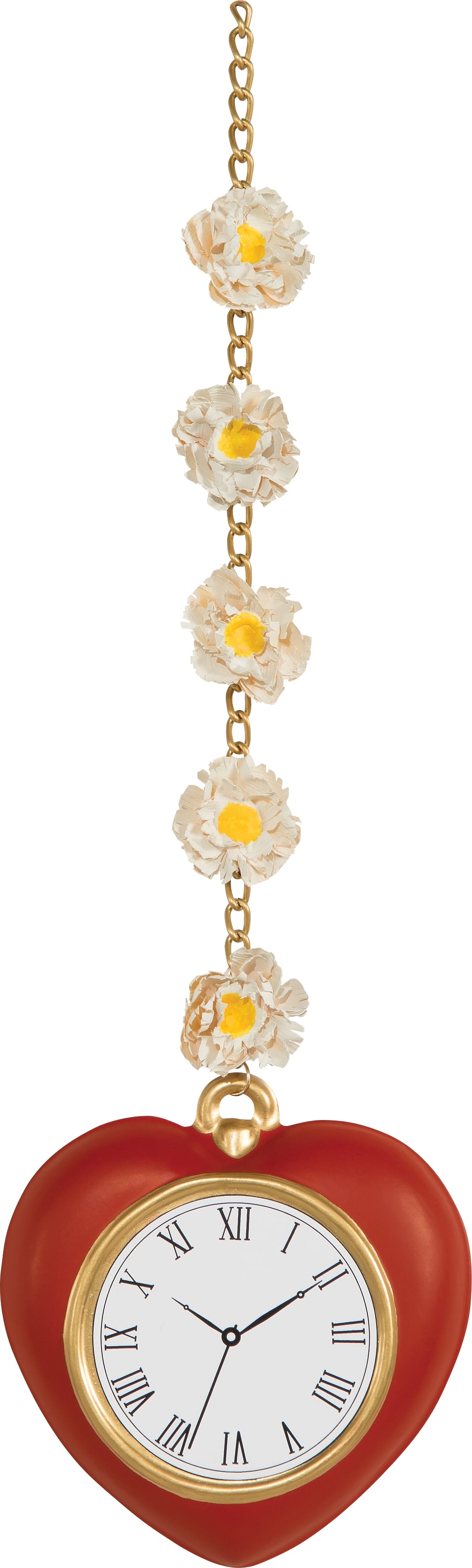Red heart-shaped Tin Man clock on a gold chain with white daisies