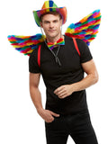 Man wearing large rainbow feather wings with red shoulder straps
