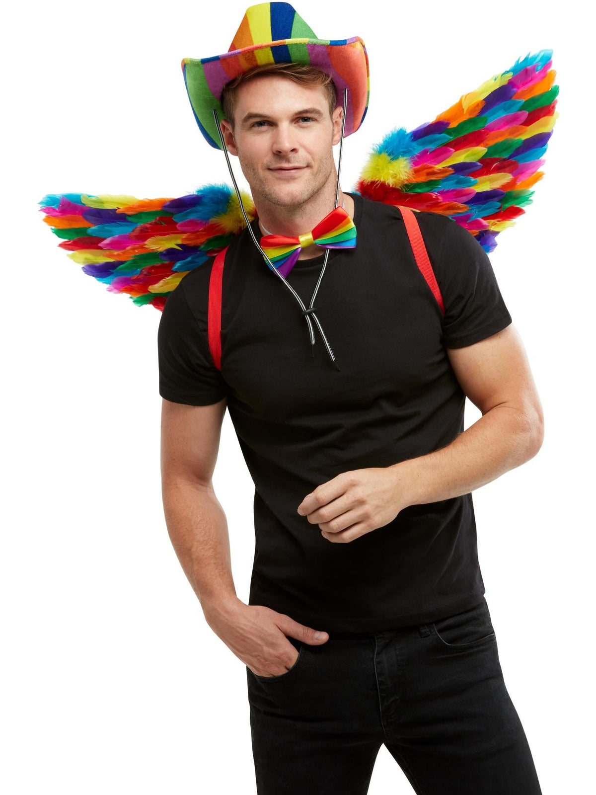 Man wearing large rainbow feather wings with red shoulder straps