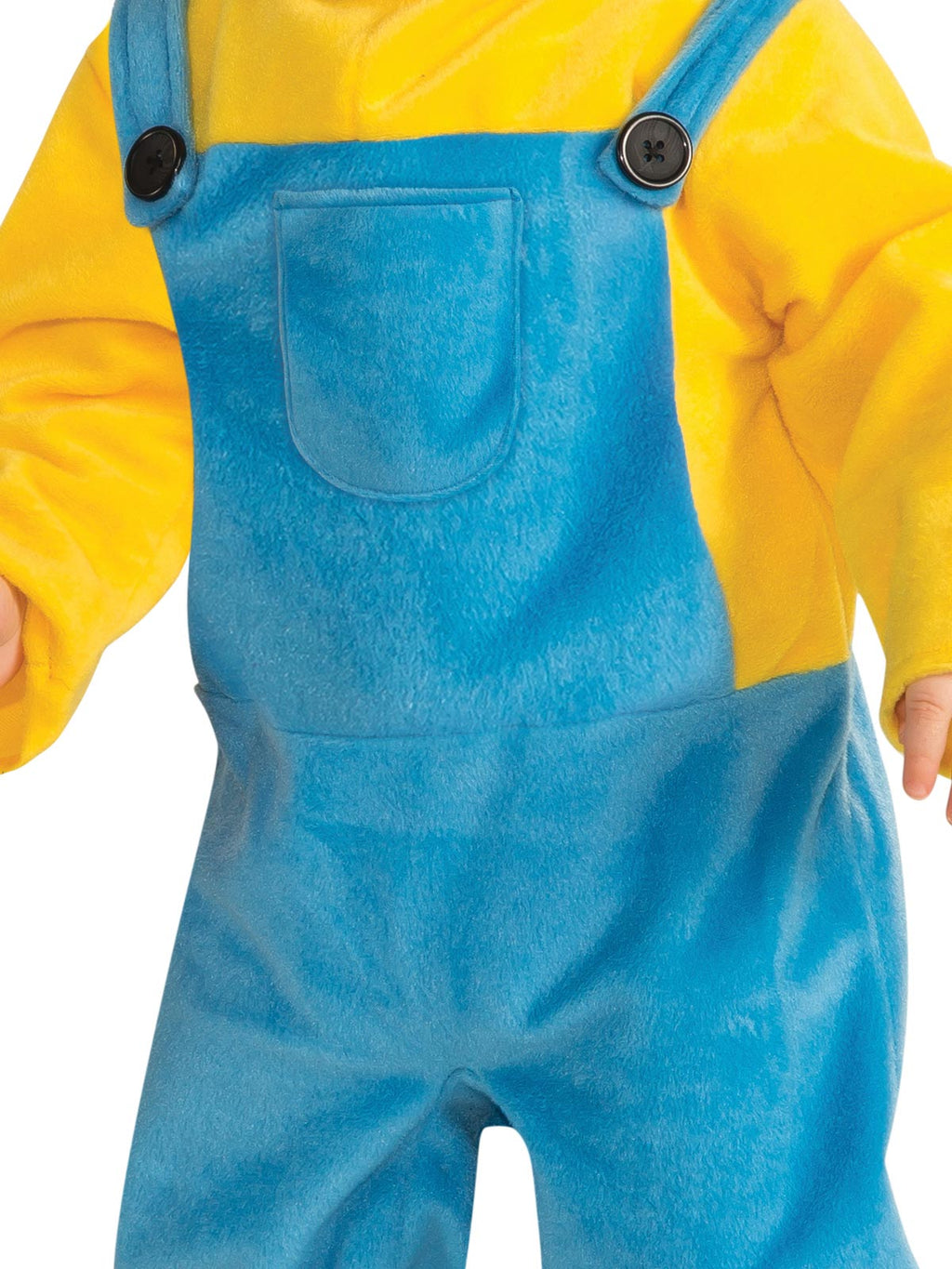 Close-up of the Minion Kevin blue overalls-style jumpsuit with yellow sleeves