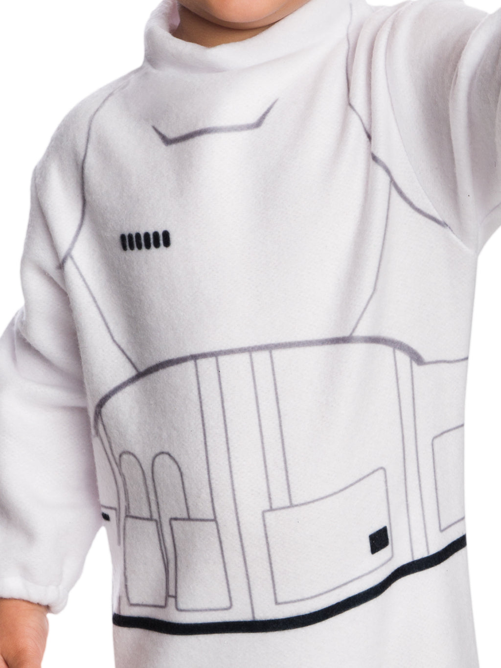 Close-up of the Stormtrooper baby jumpsuit's printed armour detail and high collar