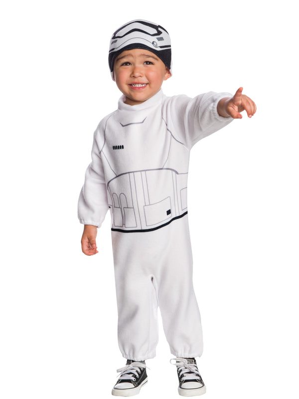 Toddler in a white fleecy Stormtrooper jumpsuit with printed armour and Stormtrooper beanie