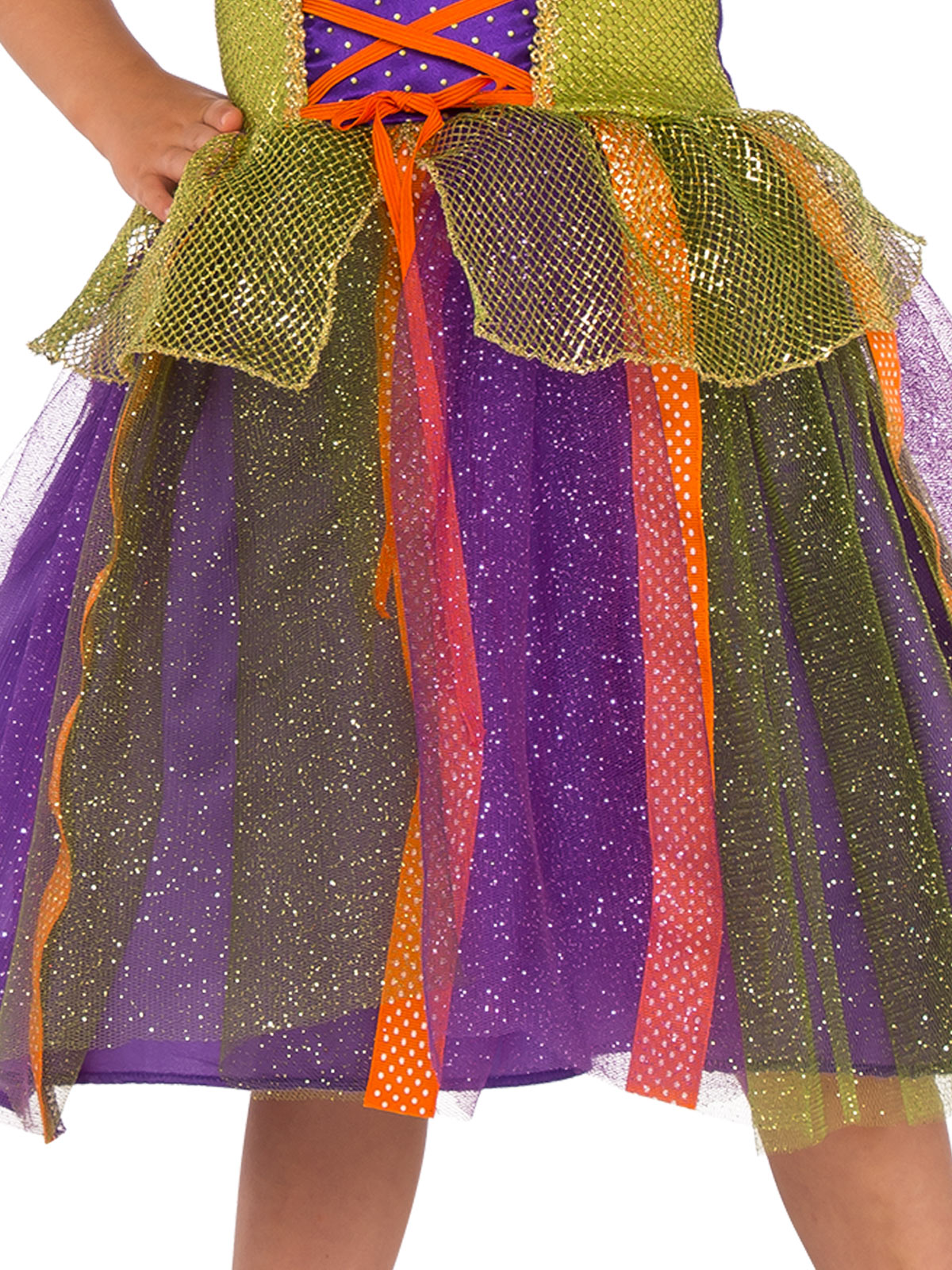 Close-up of the pumpkin witch dress's criss-cross bodice and layered glittery tulle skirt