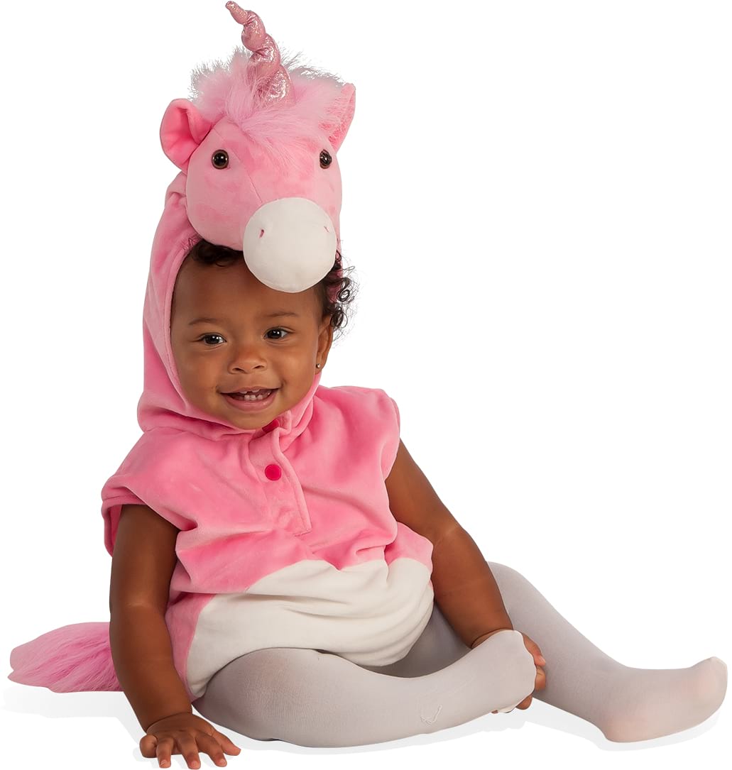 Baby in a pink and white velour unicorn jumpsuit with 3D unicorn hood, furry mane and shiny horn