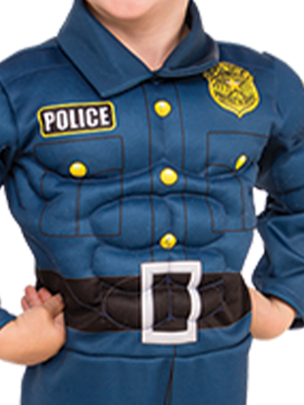 Close-up of the Top Cop jumpsuit's printed police badge, buttons, Police patch and belt buckle