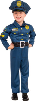 Boy wearing a blue police jumpsuit with padded muscle chest, printed badge, Police patch and black belt