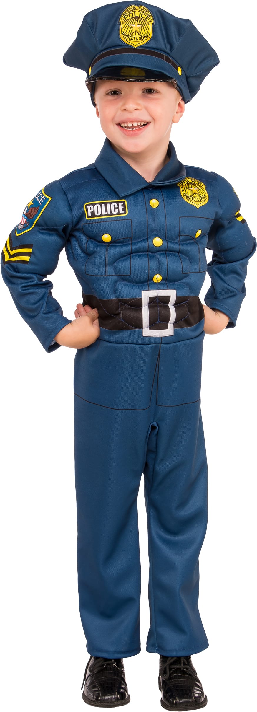 Boy wearing a blue police jumpsuit with padded muscle chest, printed badge, Police patch and black belt