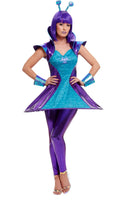 A woman in a space-themed costume with a blue and purple dress, matching leggings, and wrist cuffs, wearing a headband with antenna.