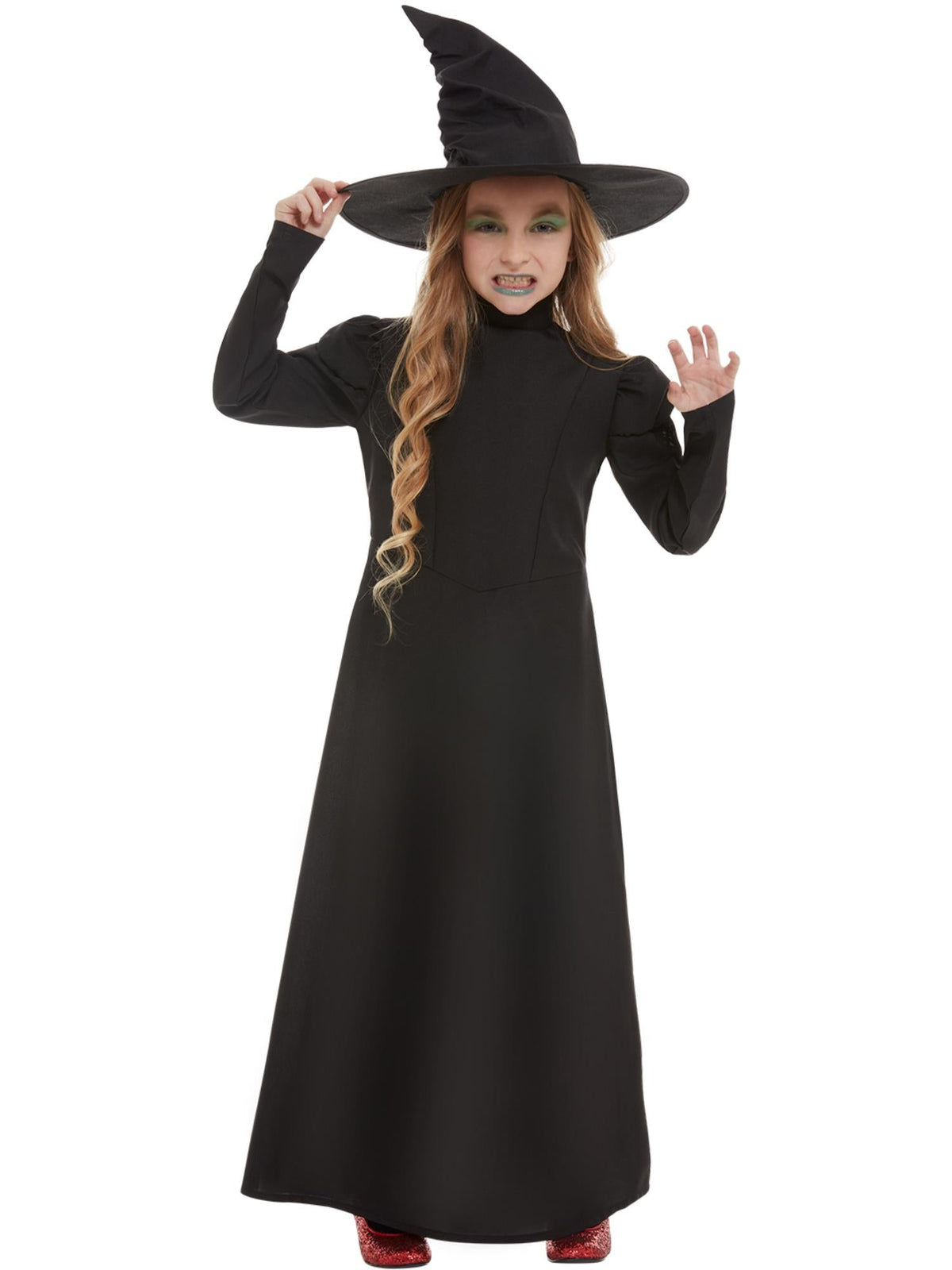 Girl wearing a long black wicked witch dress with puffed sleeves, high collar and tall bent witch hat