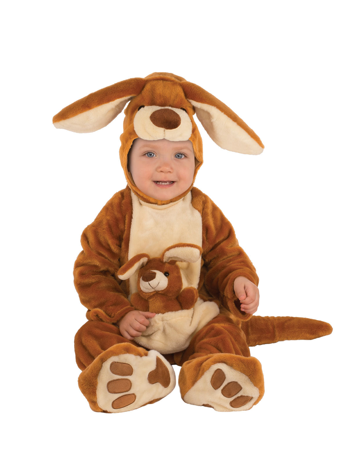 Toddler in the Kangaroo onesie, brown and cream plush with big ears, paw print feet and a joey in the pouch