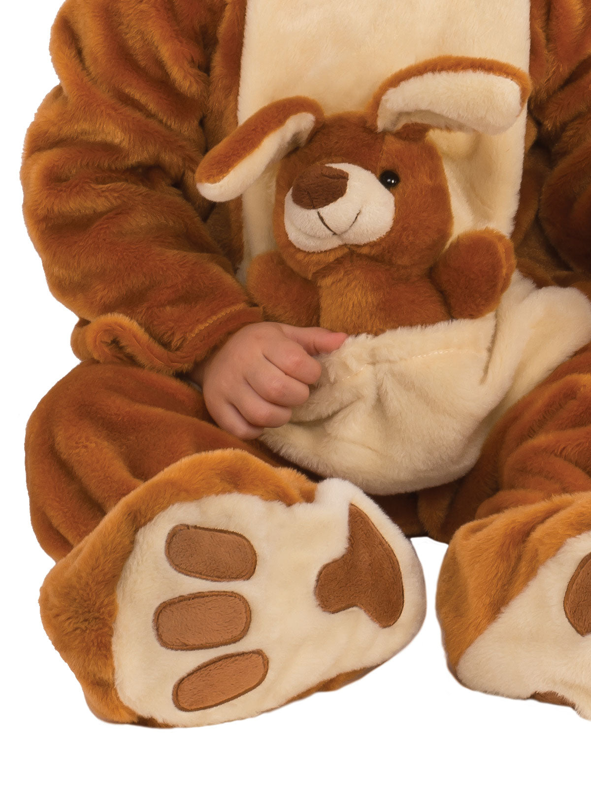 Close-up of the Kangaroo onesie pouch with a stuffed joey toy and paw print feet